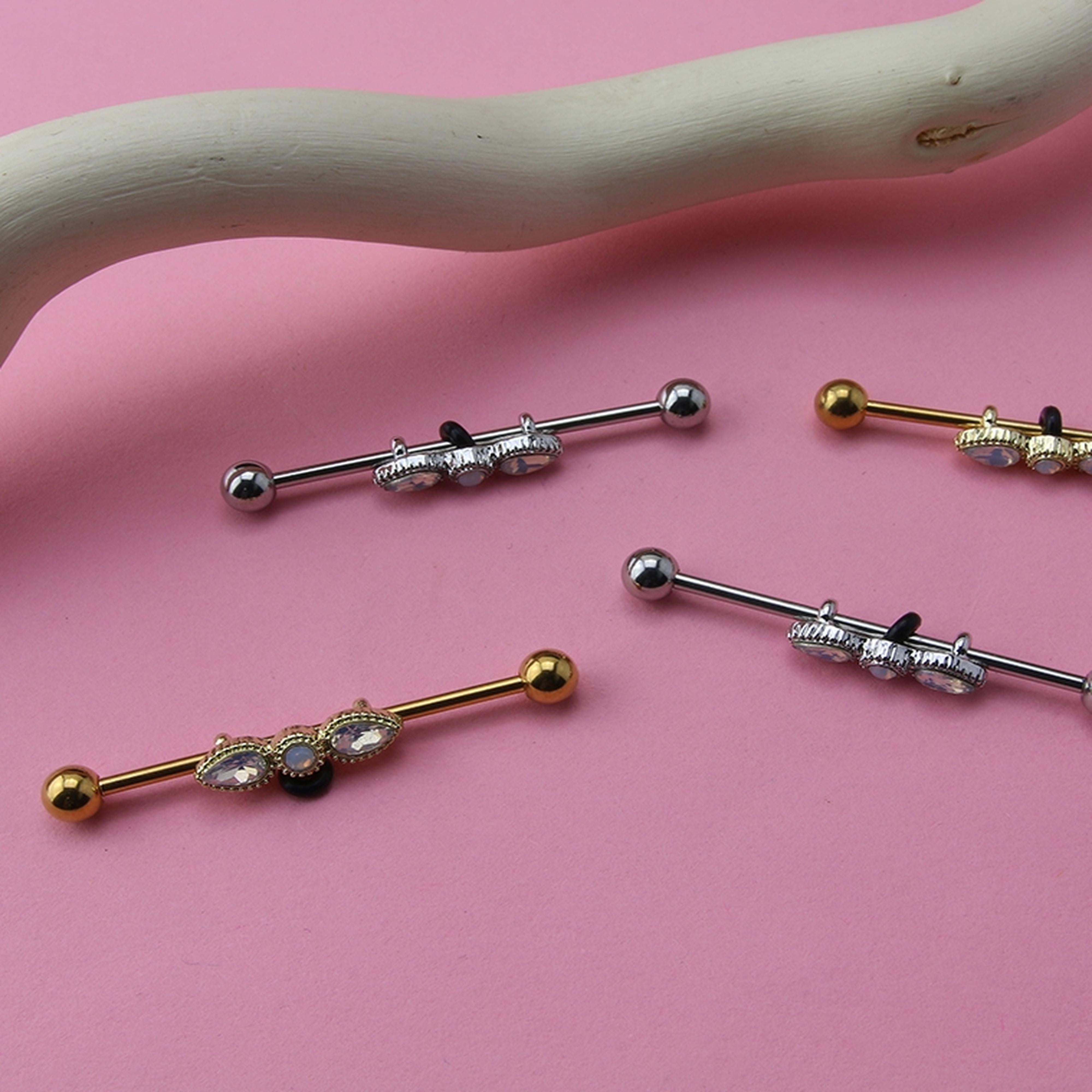 Double Teardrop Gem Chained Industrial Barbell