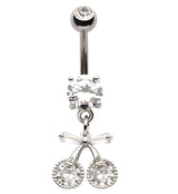 Cherry Bow CZ Dangle Stainless Steel Belly Button Ring
