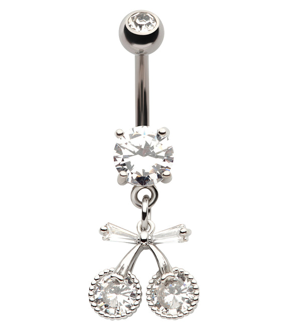 Cherry Bow CZ Dangle Stainless Steel Belly Button Ring