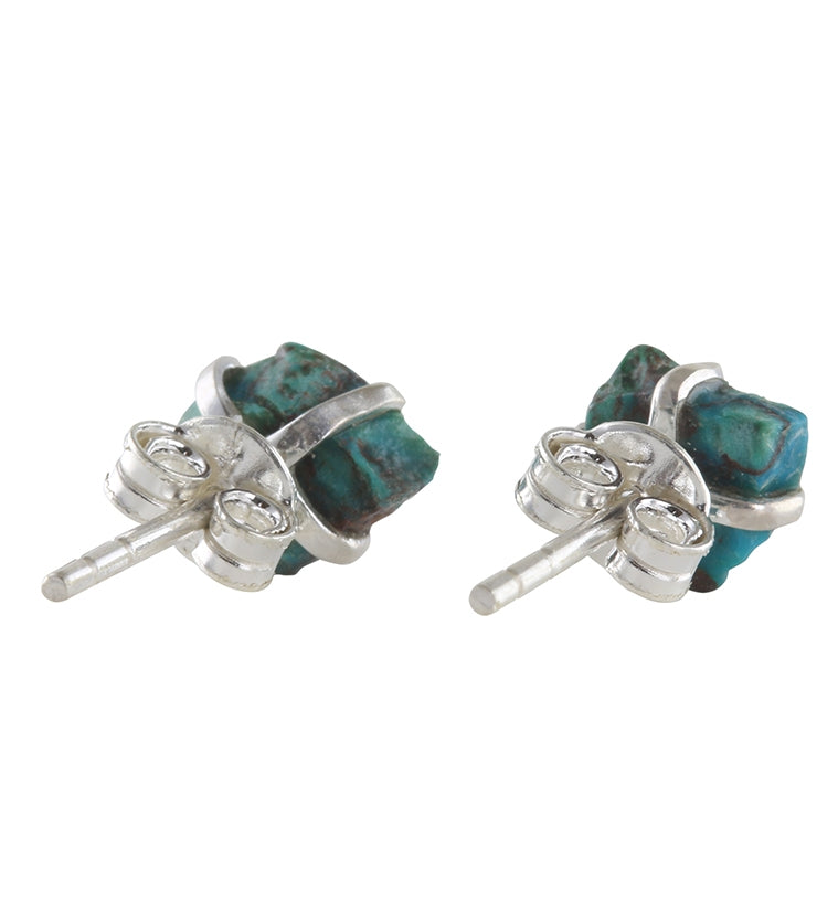 Chrysocolla Stone Prong Set Sterling Silver Earrings-Side