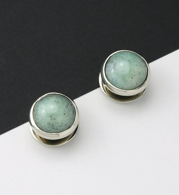 Chrysoprase Stone Disk White Brass Ear Weights