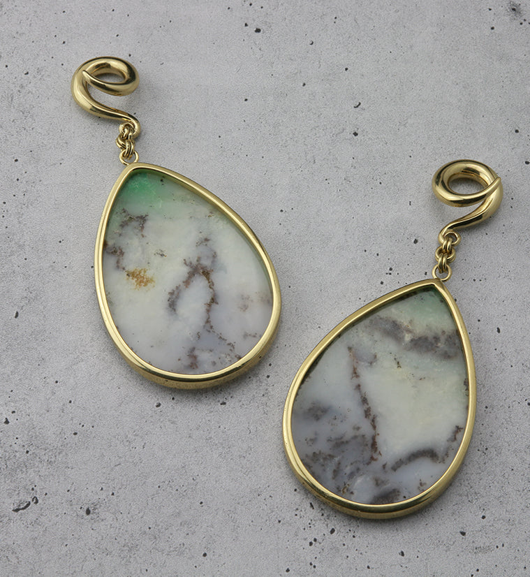 Chrysoprase Stone Teardrop Brass Ear Weights