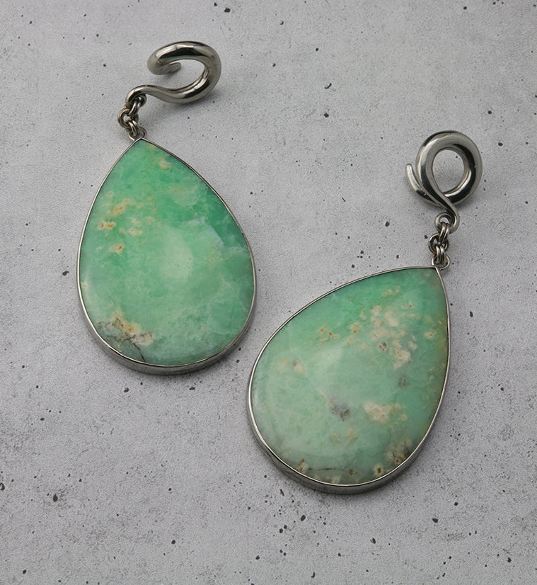 Chrysoprase Stone Teardrop White Brass Ear Weights