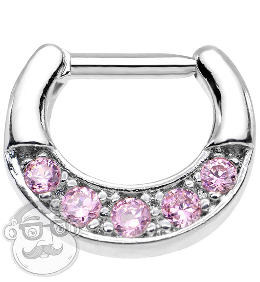 16G Circular Pink Cubic Zirconia Stainless Steel Septum Clicker