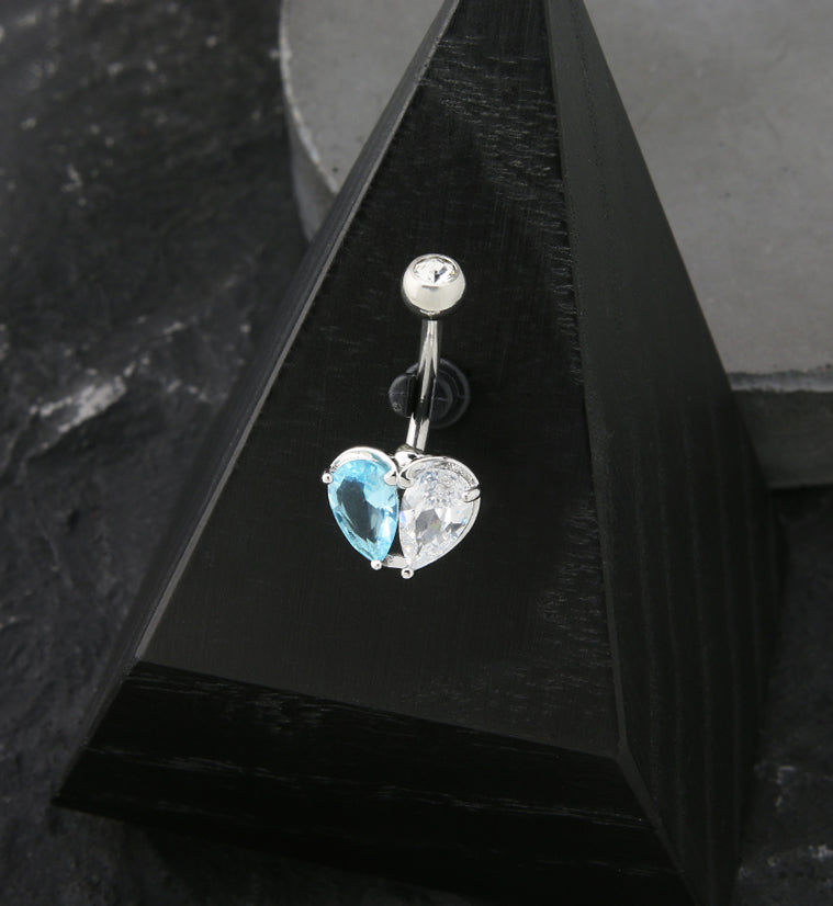 Clear And Aqua Heart CZ Stainless Steel Belly Button Ring