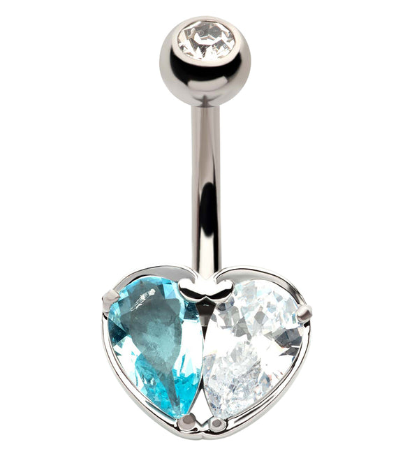 Clear And Aqua Heart CZ Stainless Steel Belly Button Ring