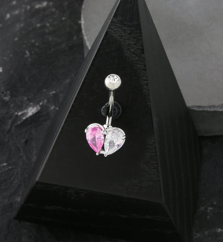 Clear And Pink Heart CZ Stainless Steel Belly Button Ring