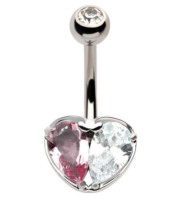Clear And Pink Heart CZ Stainless Steel Belly Button Ring