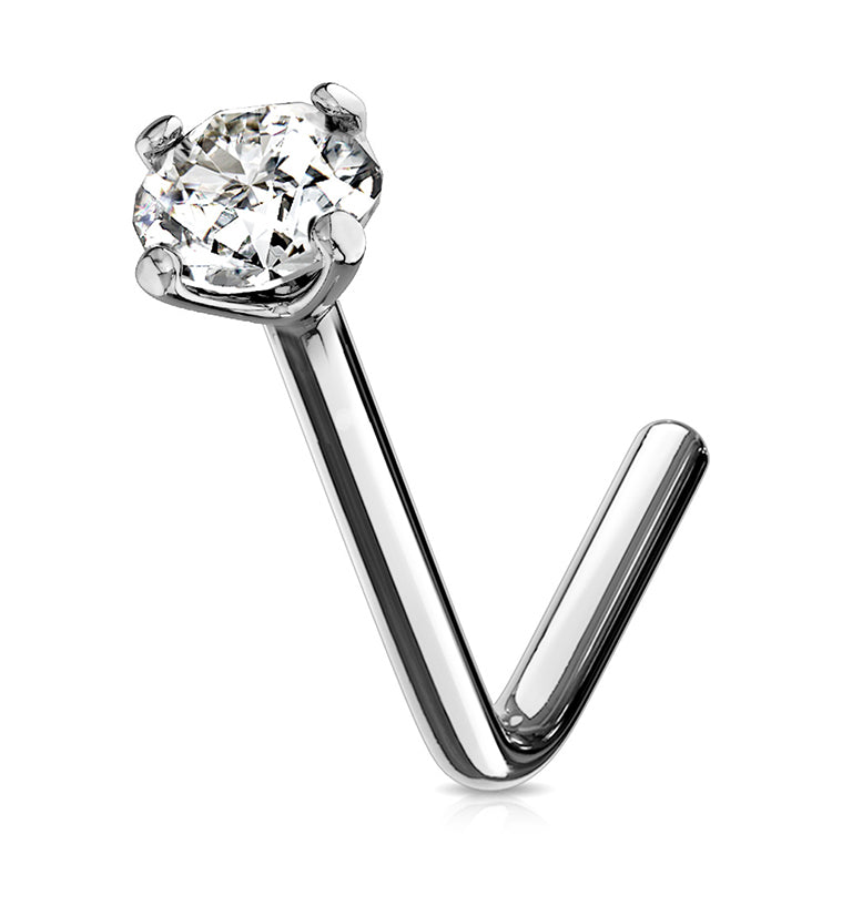 20G Clear CZ 14kt White Gold L Shaped Nose Ring