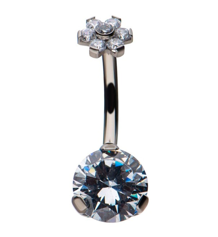 Clear CZ Flower Top Titanium Belly Button Ring