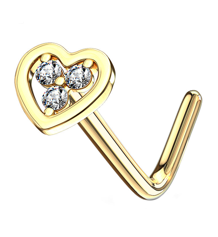 14kt Gold Heart Clear CZ L Bend Nose Ring