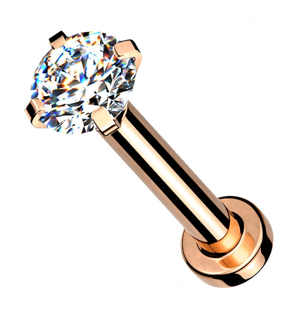 Rose Gold PVD Internally Threaded Clear CZ Prong Mini Disc Labret
