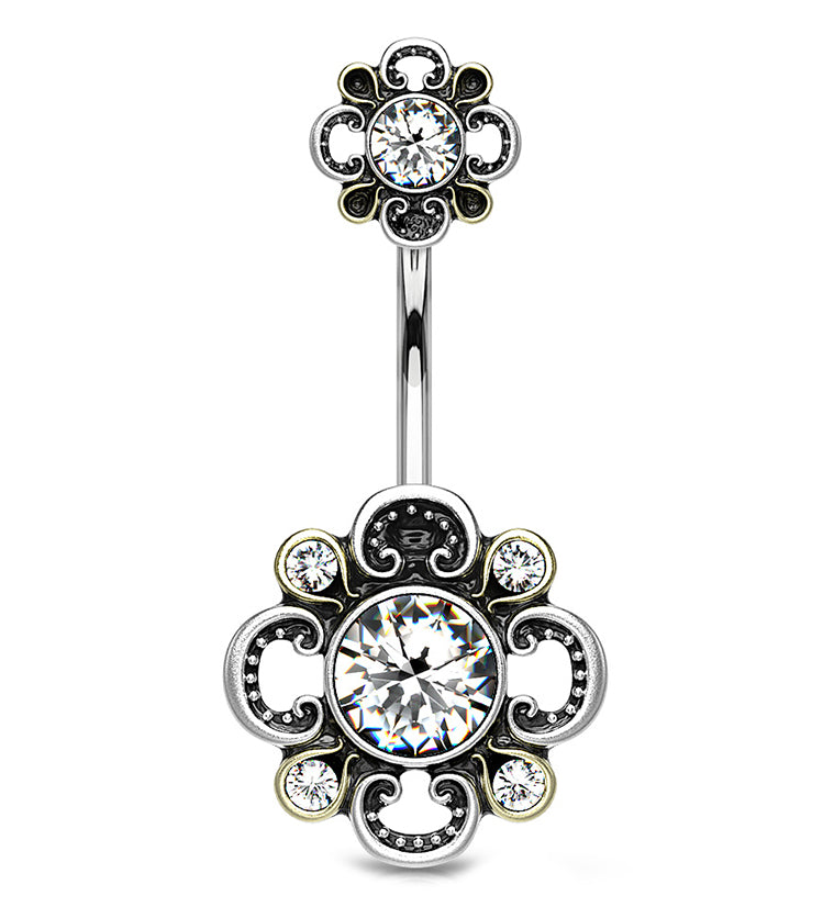 Clear CZ Antique Flower Belly Button Ring