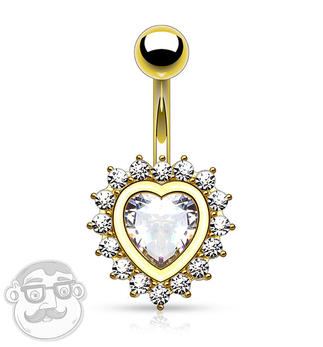 Golden Heart With Clear CZ Stainless Steel Belly Button Ring