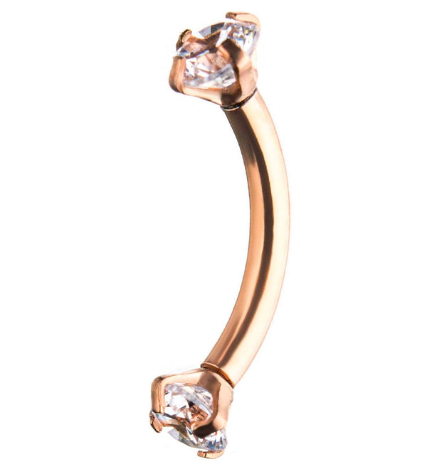 Rose Gold PVD Clear CZ Prong Set Stainless Steel Curved Barbell