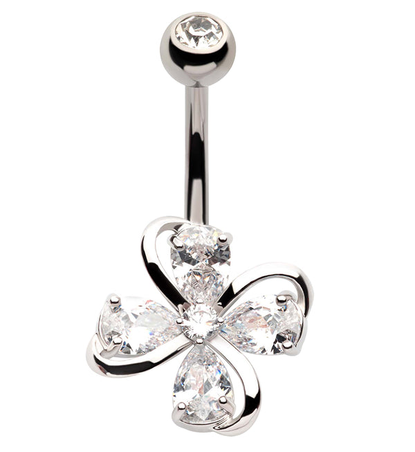 Clover Teardrop CZ Stainless Steel Belly Button Ring