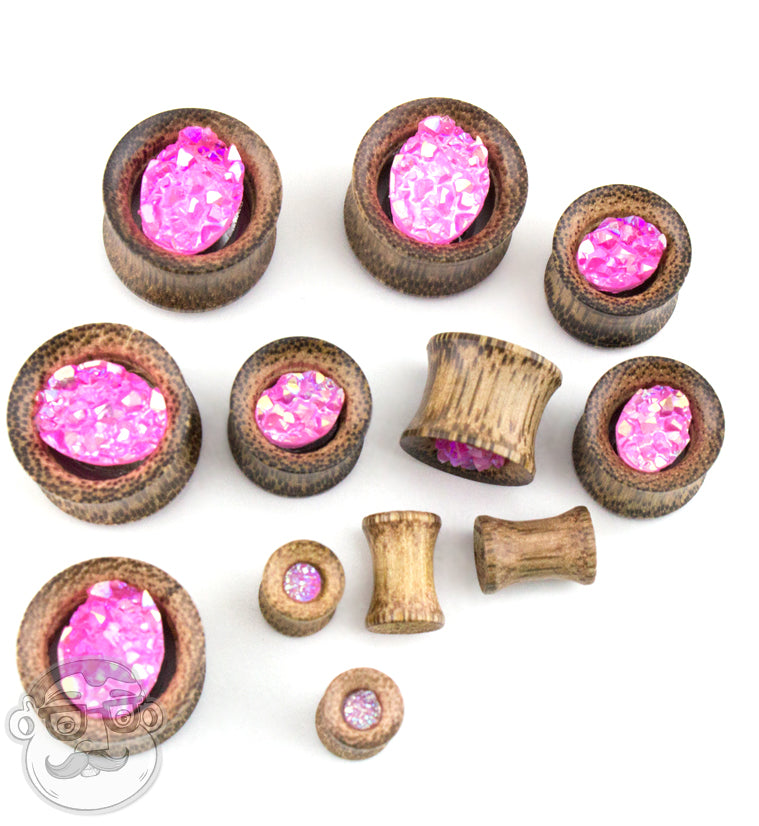 Coconut Wood Tunnels With Pink Druzy Stone Inlay