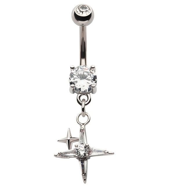 Compass Star CZ Dangle Stainless Steel Belly Button Ring