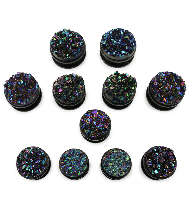 Black Steel Plugs With Cosmic Druzy Stone Inlay