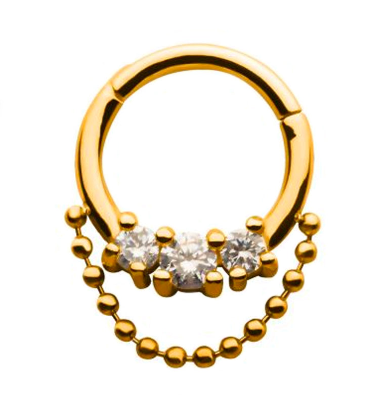Gold PVD Triple Prong Set Clear CZ with Dangling Chain Hinged Segment Ring