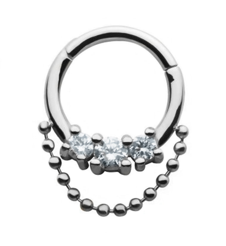 Triple Prong Set Clear CZ with Dangling Chain Hinged Segment Ring