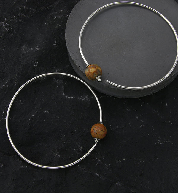 Crazy Lace Agate Stone Ball White Brass Plug Hoops