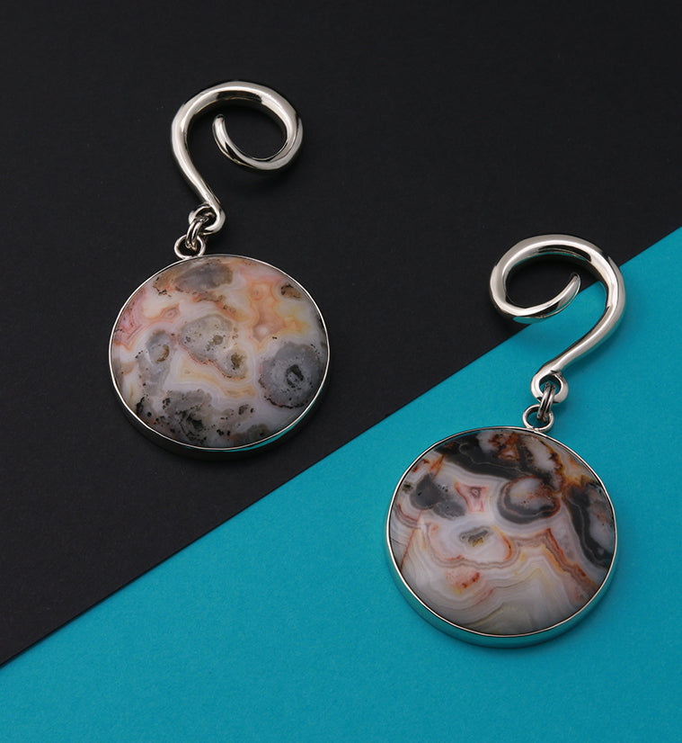 Grand Crazy Lace Agate Stone Silver Brass Hanging Ear Weights