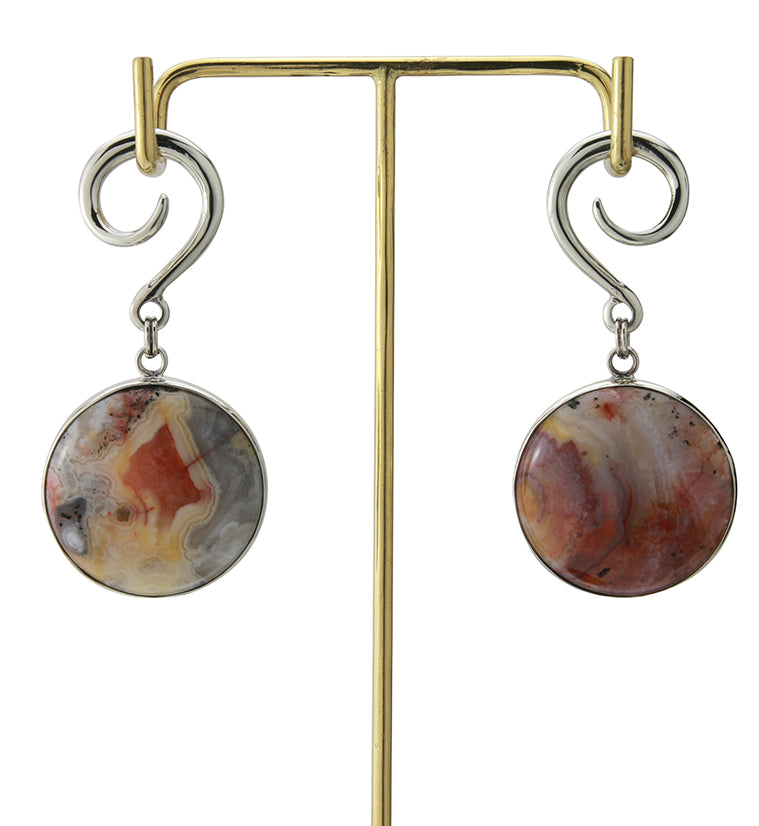 Grand Crazy Lace Agate Stone Silver Brass Hanging Ear Weights