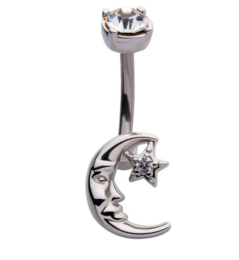 Crescent Moon and Star CZ Belly Ring