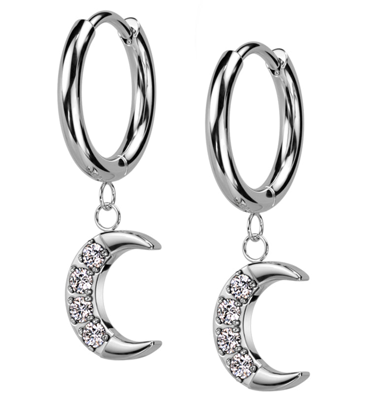 Crescent Moon CZ Dangle Stainless Steel Hinged Hoop Earrings