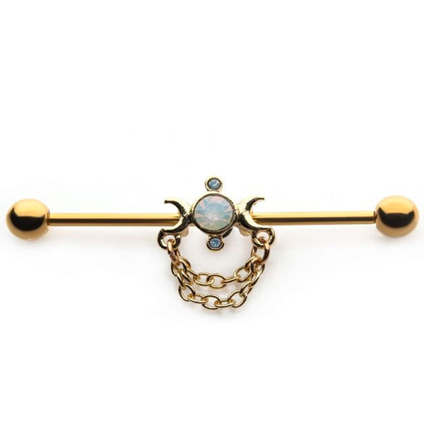 Gold PVD Crescent Moon & Opalite Chained Industrial Barbell