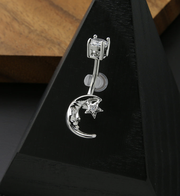 Crescent Moon Face Clear Star CZ Internally Threaded Belly Button Ring