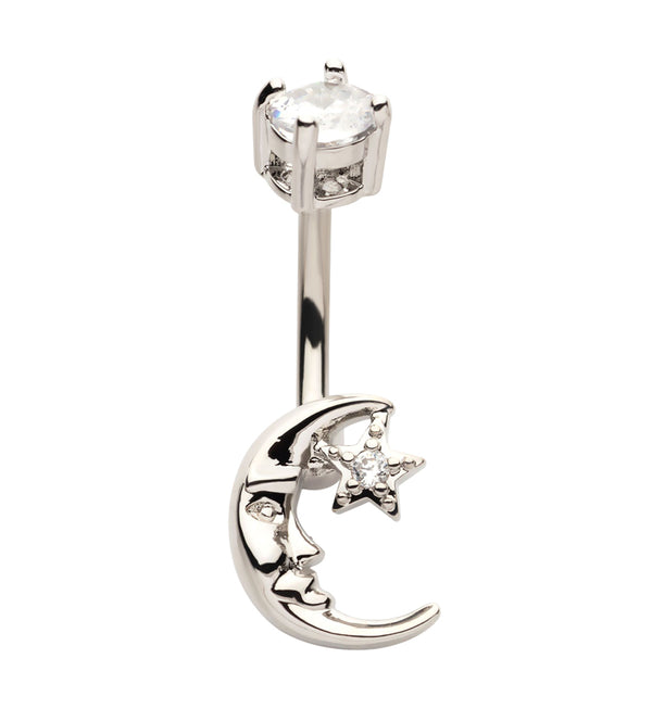 Crescent Moon Face Clear Star CZ Internally Threaded Belly Button Ring