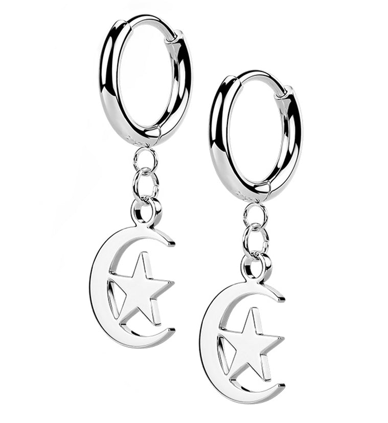 Crescent Star Stainless Steel Hinged Earrings