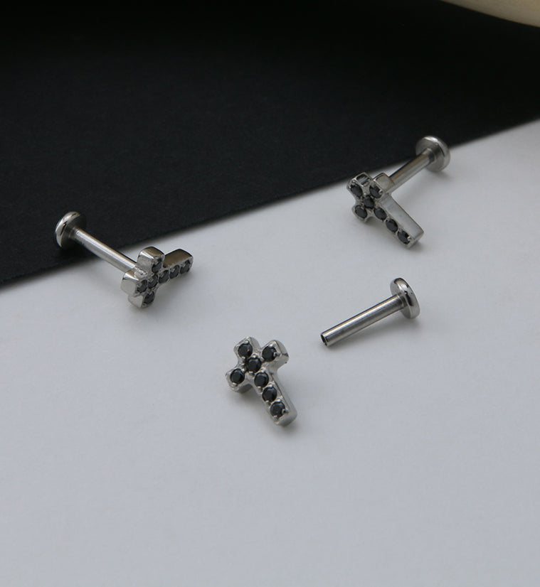 Cross Prong Set Black CZ Labret Post