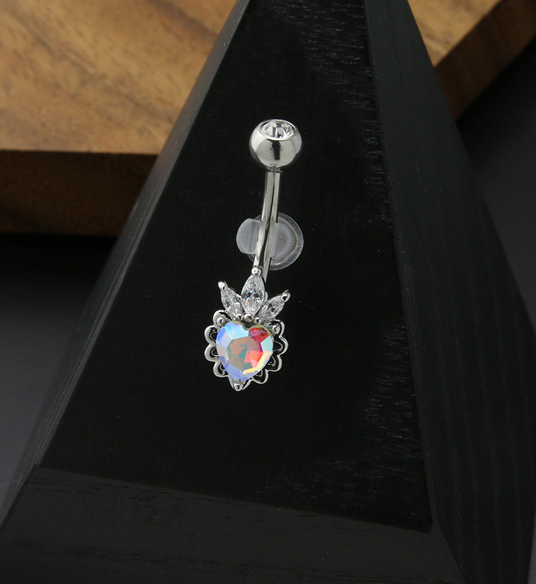 Crown Heart Rainbow Aurora CZ Stainless Steel Belly Button Ring