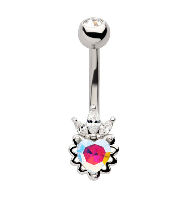 Crown Heart Rainbow Aurora CZ Stainless Steel Belly Button Ring