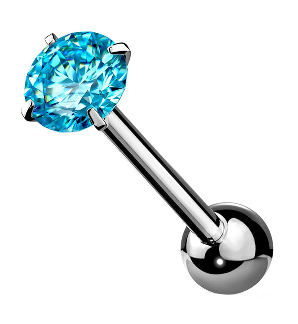 Aqua CZ Prong Set Stainless Steel Barbell