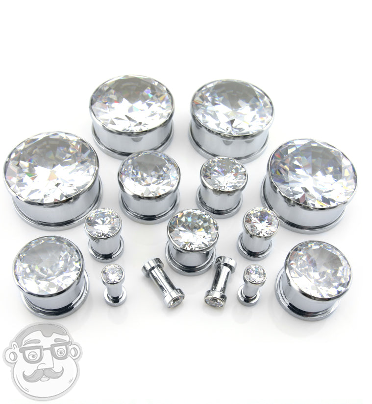 Faceted Gem CZ Top Stainless Steel Plugs