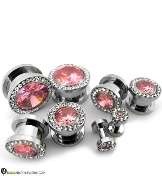 Pink & Clear CZ Diamond Stainless Steel Plugs
