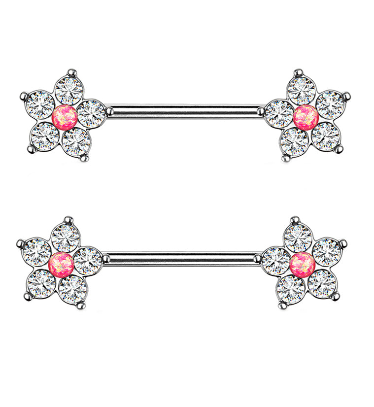 14G Pink Opalite & CZ Nipple Ring Barbell | UrbanBodyJewelry.com