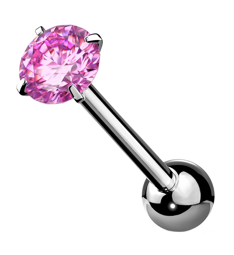 Pink CZ Prong Set Stainless Steel Barbell