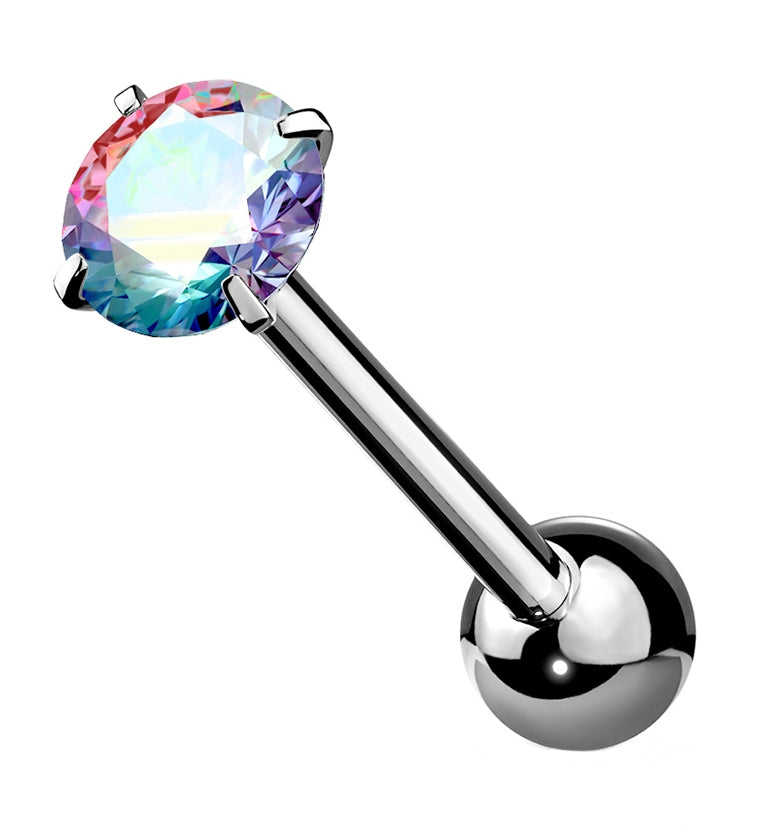 Rainbow Aurora CZ Prong Set Stainless Steel Barbell