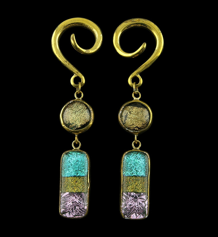 Golden Sunrise Double Oblong Dichroic Glass Brass Ear Weights