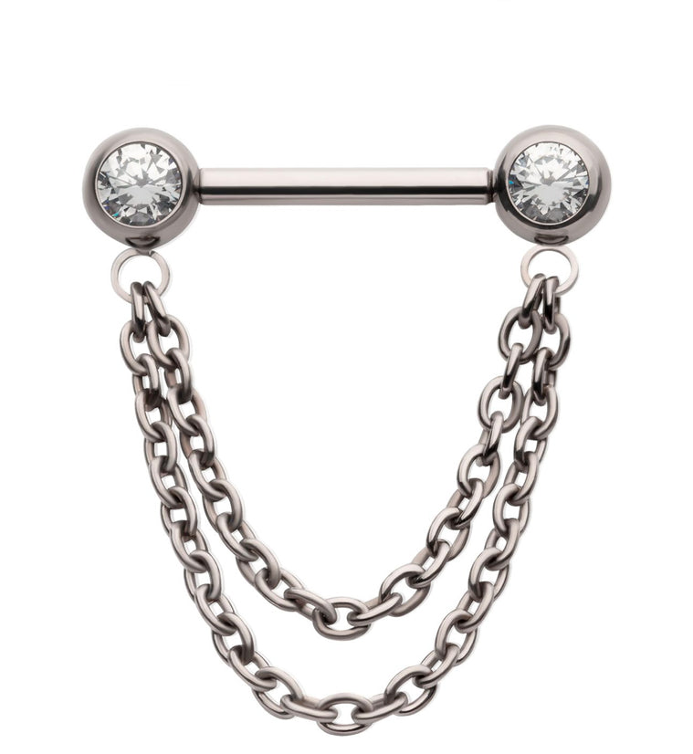 Dangle Chain Clear CZ Threadless Titanium Nipple Bars
