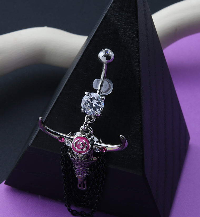 Floral Longhorn Skull Dangle Chain Belly Button Ring