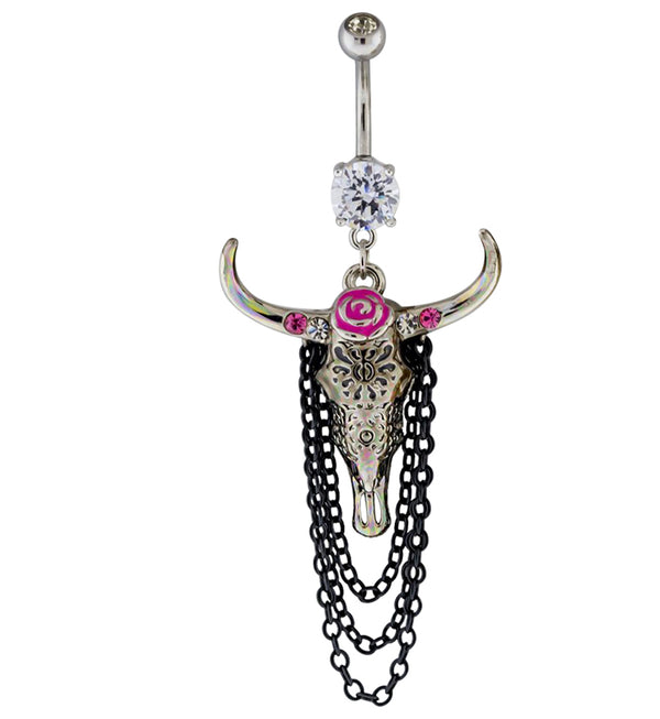 Floral Longhorn Skull Dangle Chain Belly Button Ring