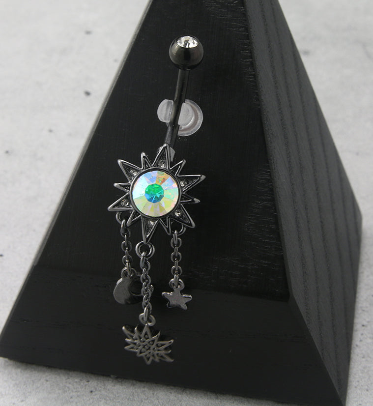 Dangle Cosmos Rainbow Aurora CZ Black PVD Belly Button Ring