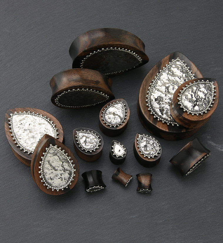 Doily White Brass Inlay Areng Wood Teardrop Plugs