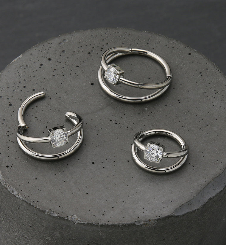 Double Bar Clear CZ Titanium Hinged Segment Ring